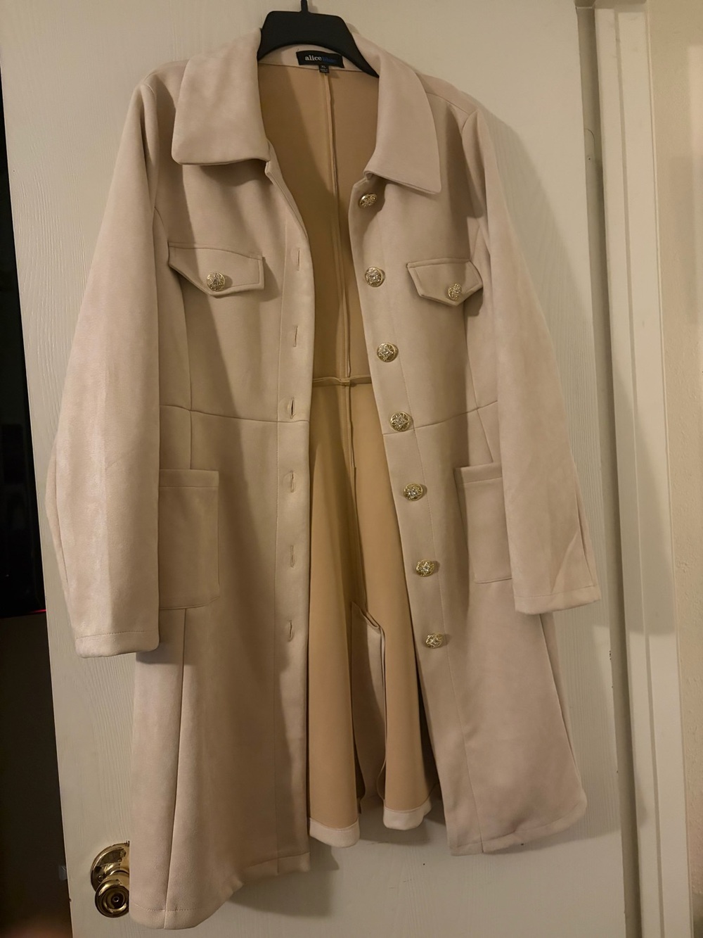 Alice Blue Cream Faux-Suede Trench Coat with Gold Buttons